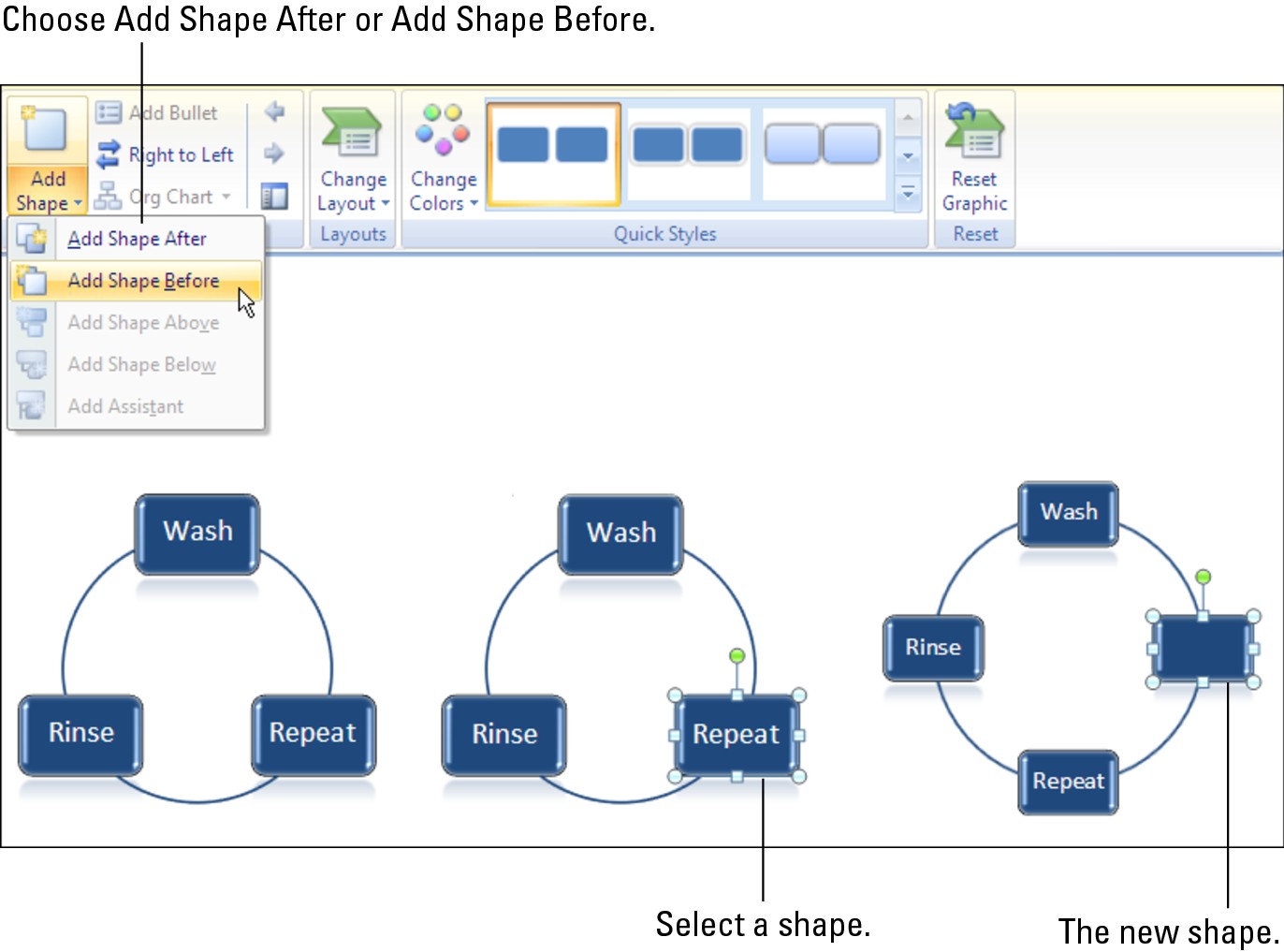 Figure 3-3: To add a shape, start by selecting the shape that your new shape will go before or after.